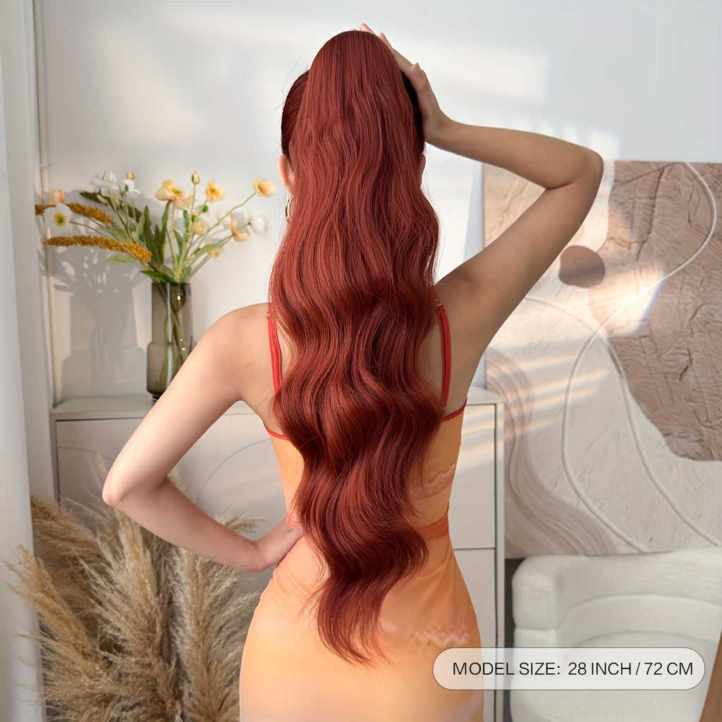 71.12cm Long Wave Synthetic Hair Extensions - Black, Brown, Orange, Red Ponytail Clips with Drawstring, Body Wave Design for Daily Use, Parties, Halloween, Christmas, Hair Accessories, Party Hair Extensions, Festive Hairpiece, Secure Clip Attachment