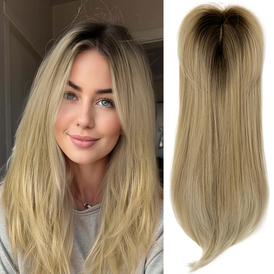 [Synthetic Hairpiece] 22-Inch Light Golden And Bleached Blonde Mixed Hair Top Synthetic Hairpiece | 55 Cm | Synthetic | Swiss Base And 3 Clips | Thinning Hair And Gray Hair Loss