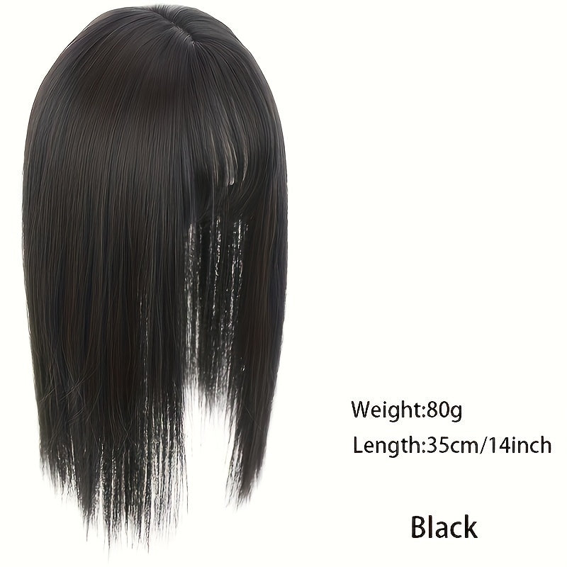 14-Inch Synthetic Hair Topper for Women with Bangs - Clip-In Straight Hairpiece for Thinning Hair, Large Base Wiglet, Black with Highlights, Versatile Style for All Ethnicities, Hair Accessories