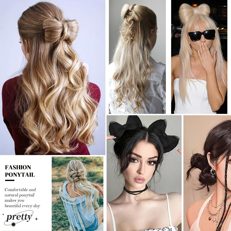 Elegant Bowknot Hairpiece with 35.56cm Natural Curly Synthetic Ponytail - Dark Brown & Blonde Highlights, Decorative Clip Barrette for Women and Girls - Versatile and Stylish Hair Accessory, Hair Accessories