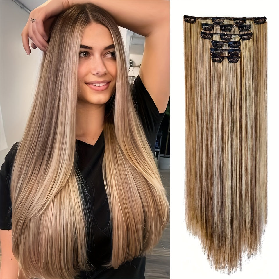 Thick Long Clip In Hair Extensions, Lightweight Synthetic Hairpieces For Women, Chocolate Brown With Golden Blonde Highlights, Hair Clips Hair Accessories