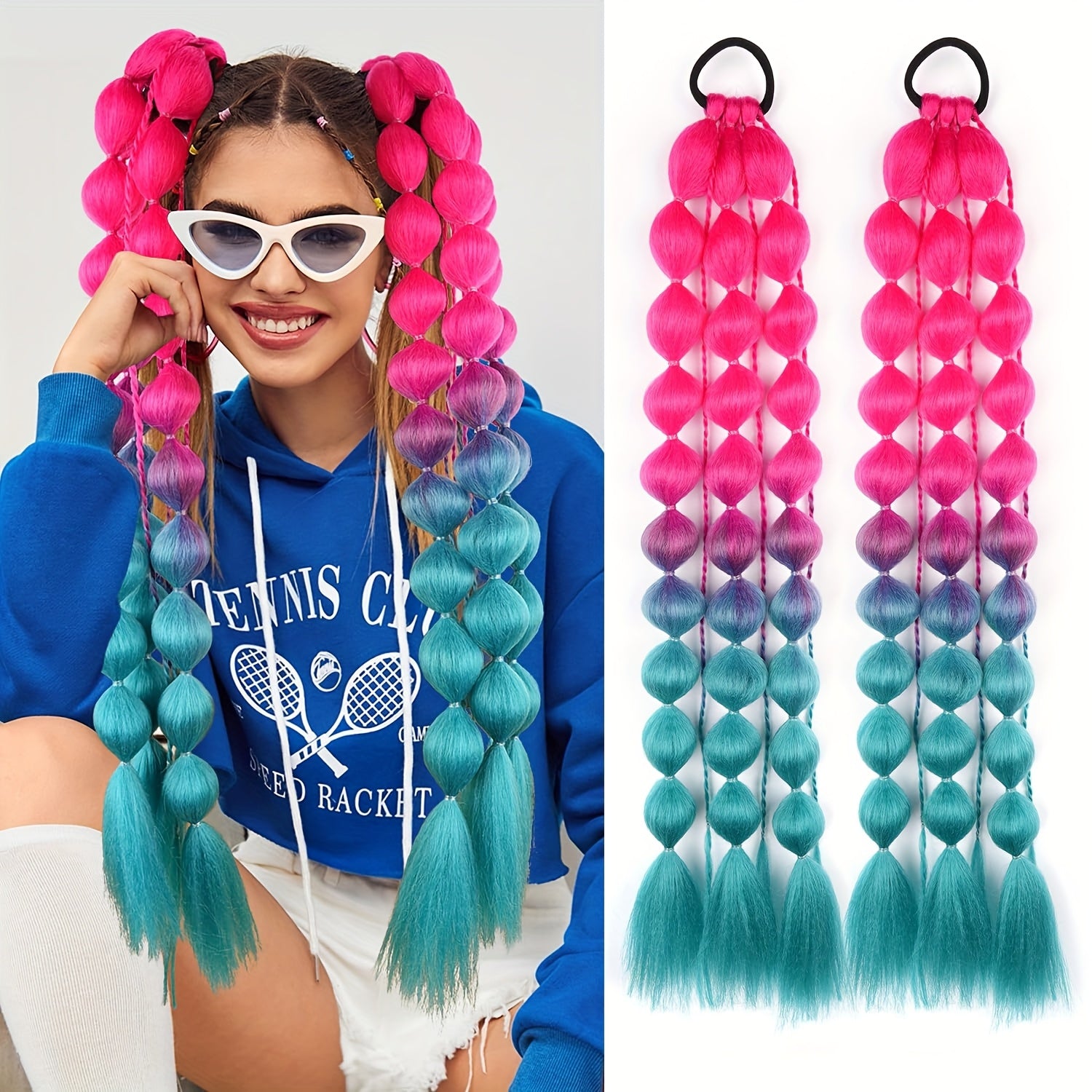2pcs Vibrant Ombré Ponytail Extensions - 60.96 cm Lightweight, Colorful Braided Hair Accessories for Women, Perfect for Parties, Festivals, and Rave Events, Festival Hair Accessory | Vibrant Hair Extensions | Lightweight Extensions, Hair Accessories