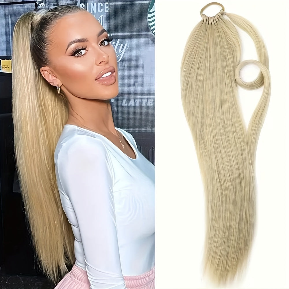 24-Inch Yaki Straight Braiding Hair Ponytail Extension - Wrap Around Long Straight Ponytail with Versatile Elastic Bands for Women, High-Temperature Fiber, Basic Style, Hair Extension for Women