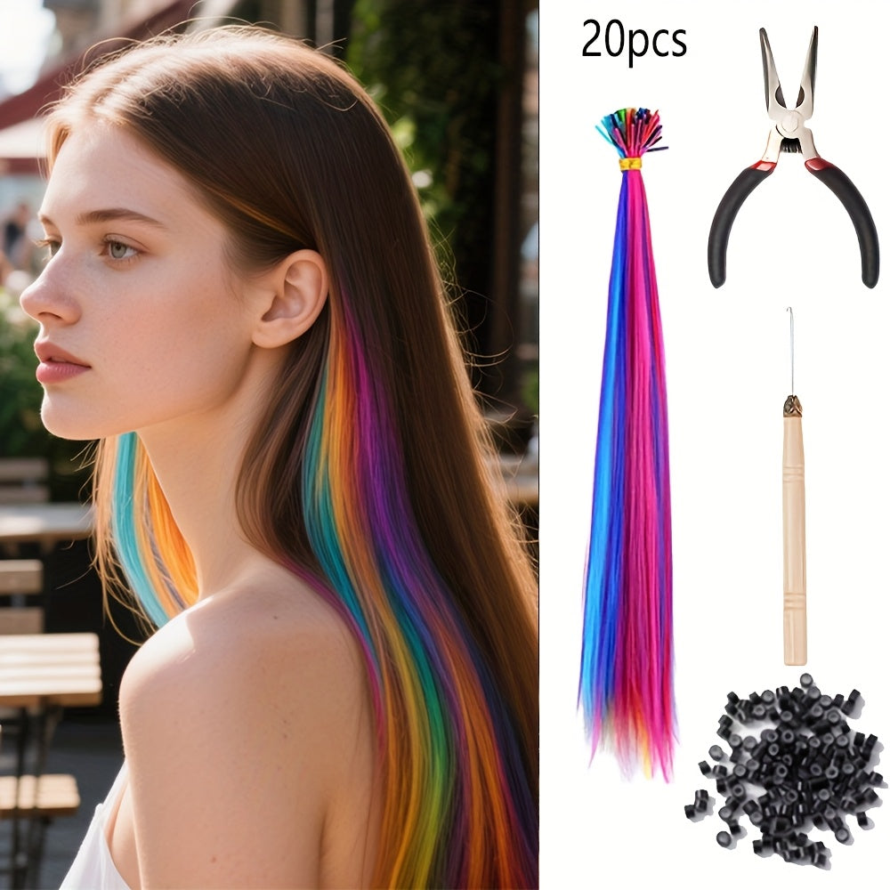 20-100pcs Mixed Color Rainbow Hair Extensions 16 Inch Rainbow Color Synthetic Hair Extensions Long Colored with Beads And Loop Tool for Hair Extension for Women Girls DIY Kit Holiday Party Use
