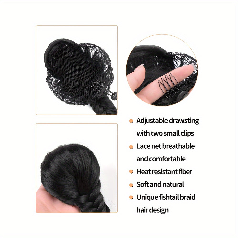 16-inch Elegant Curly Wave Ponytail Extension - 1pc Fishbone Braided Clip-in Synthetic Hair - Unisex-Adult Fashion Party Christmas New Year Gift