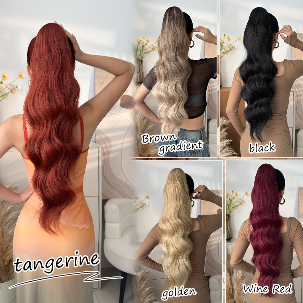 71.12cm Long Wave Synthetic Hair Extensions - Black, Brown, Orange, Red Ponytail Clips with Drawstring, Body Wave Design for Daily Use, Parties, Halloween, Christmas, Hair Accessories, Party Hair Extensions, Festive Hairpiece, Secure Clip Attachment