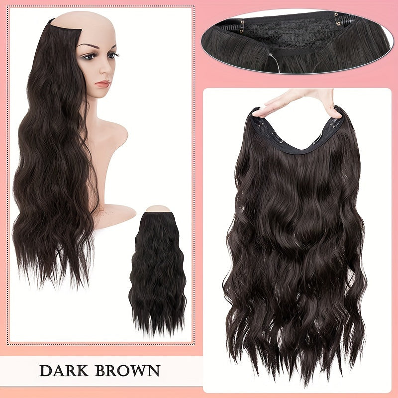 S-NOILITE Invisible Wire Hair Extensions With Transparent Wire Adjustable Size With 4 Secure Clips Synthetic Hair Piece Long Wavy Secret Headband Hairpieces For Women 20 Inch Ombre Brown Highlight