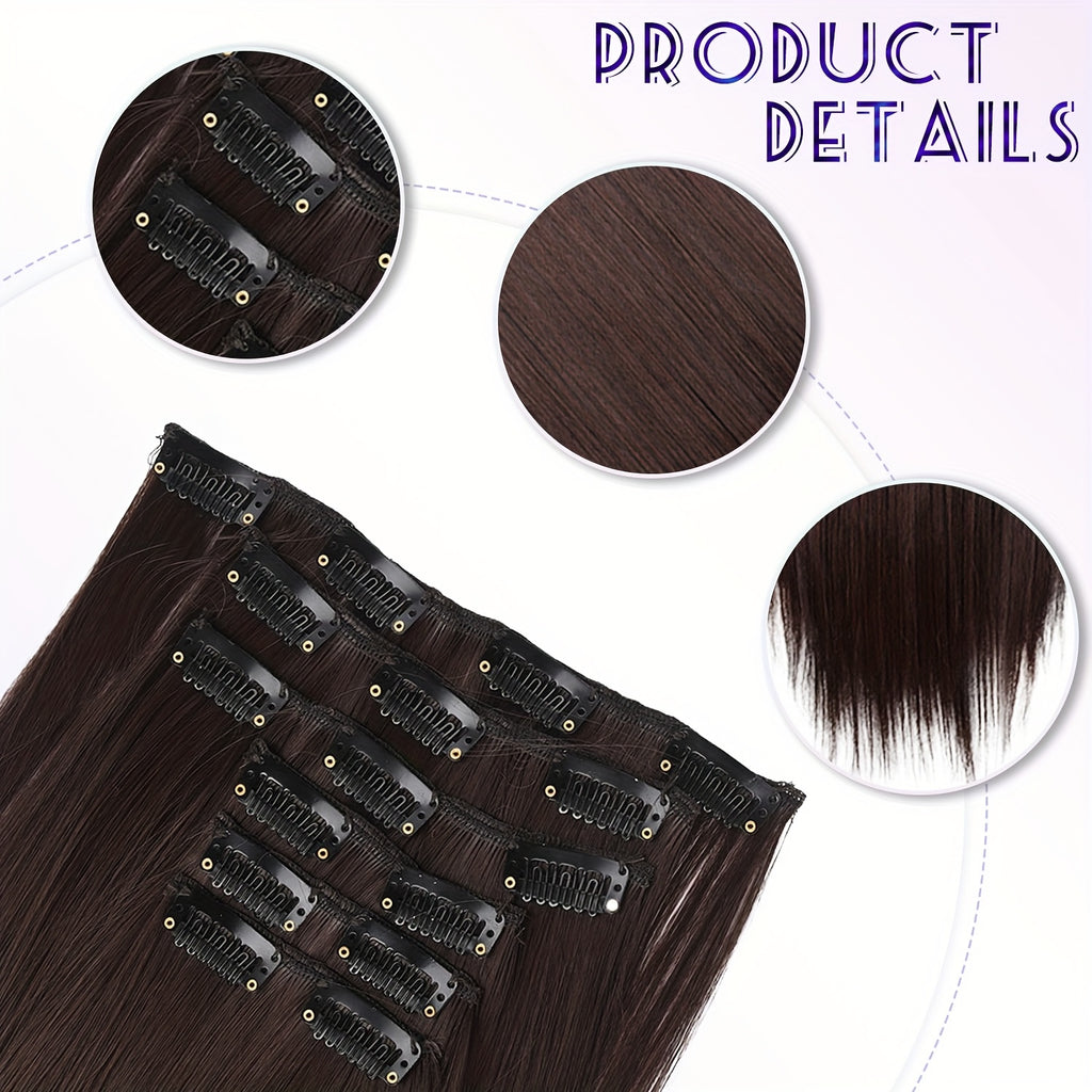6pcs Brown Clip-In Hair Extensions 60.96cm Long - Thickened Straight Hair with Secure Clip, Natural Look for Women, Easy to Style, Adds Volume & Dimension, Versatile for All Hair Types, Stylish Hair Solution, Sleek Hairpiece