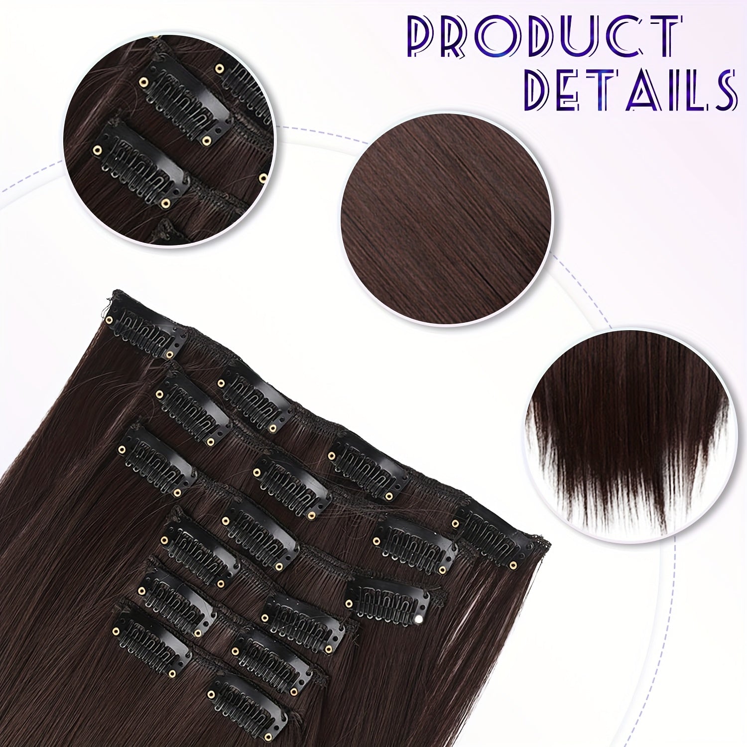 6pcs Brown Clip-In Hair Extensions 60.96cm Long - Thickened Straight Hair with Secure Clip, Natural Look for Women, Easy to Style, Adds Volume & Dimension, Versatile for All Hair Types, Stylish Hair Solution, Sleek Hairpiece