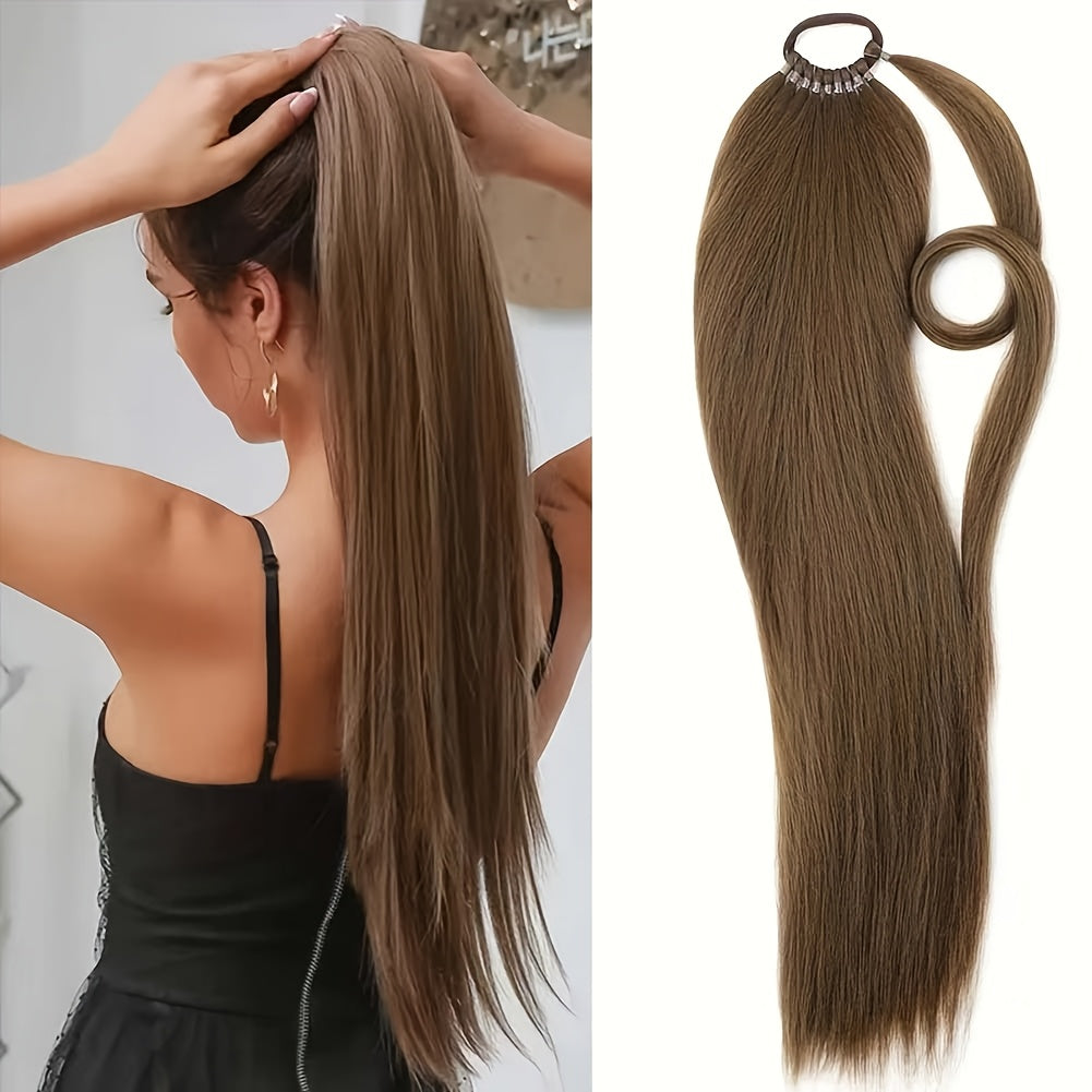 24-Inch Yaki Straight Braiding Hair Ponytail Extension - Wrap Around Long Straight Ponytail with Versatile Elastic Bands for Women, High-Temperature Fiber, Basic Style, Hair Extension for Women