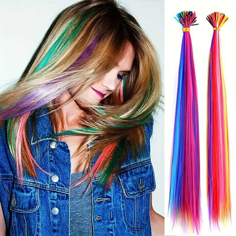 20-100pcs Mixed Color Rainbow Hair Extensions 16 Inch Rainbow Color Synthetic Hair Extensions Long Colored with Beads And Loop Tool for Hair Extension for Women Girls DIY Kit Holiday Party Use