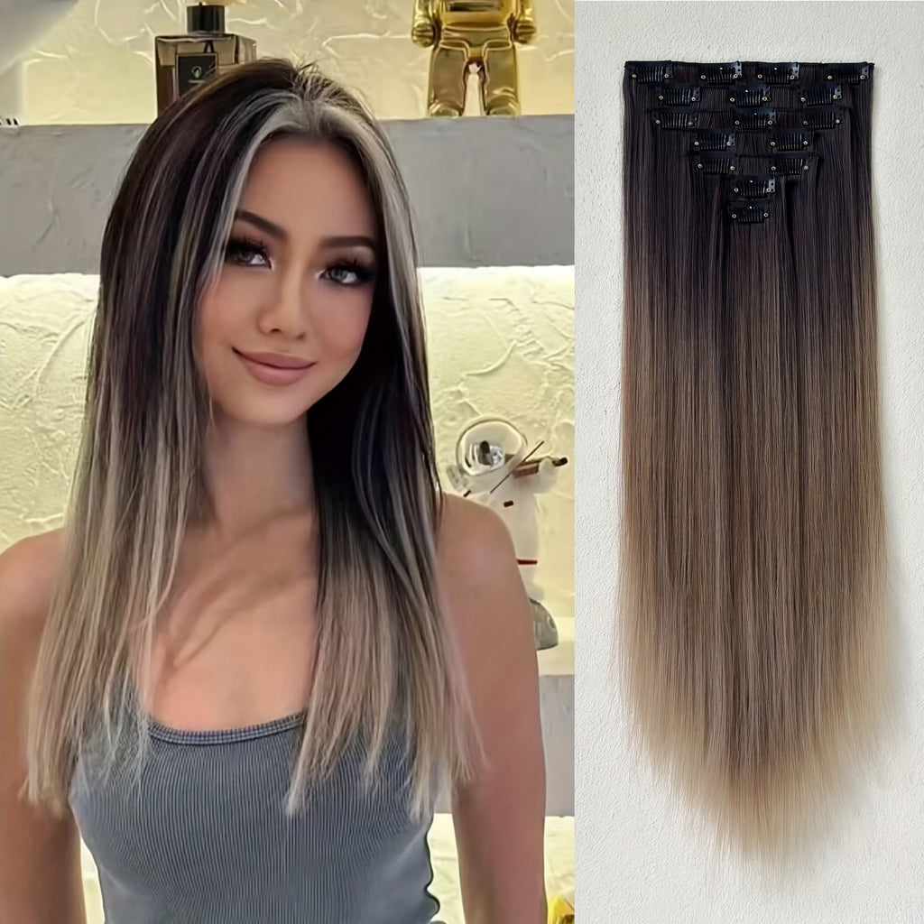 Clip In Hair Extensions 16 Clips 55.88 cm Set Ombre Long Straight Hair Extension for Women Synthetic Hair Extensions Hairpieces