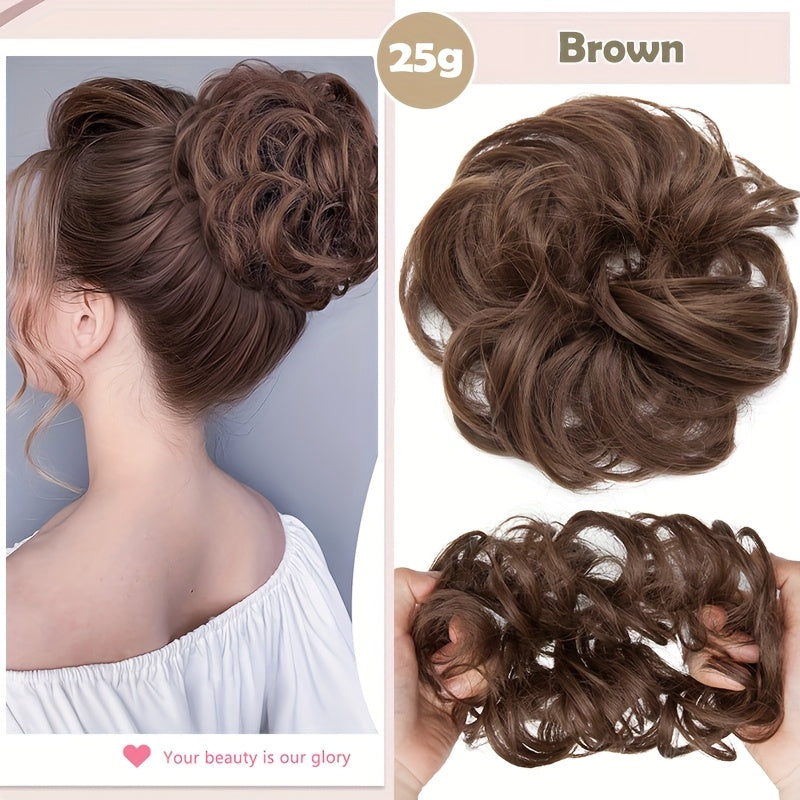 Heat-Resistant Synthetic Fiber Messy Bun Short Curly Ponytail Extension with Elastic Band - Secure Clip-In Hairpiece for Women with Thinning Hair, Natural Volume & Warm Brown/Blonde/Black/Red/Beige/Champagne Blonde Options, Hair Accessories