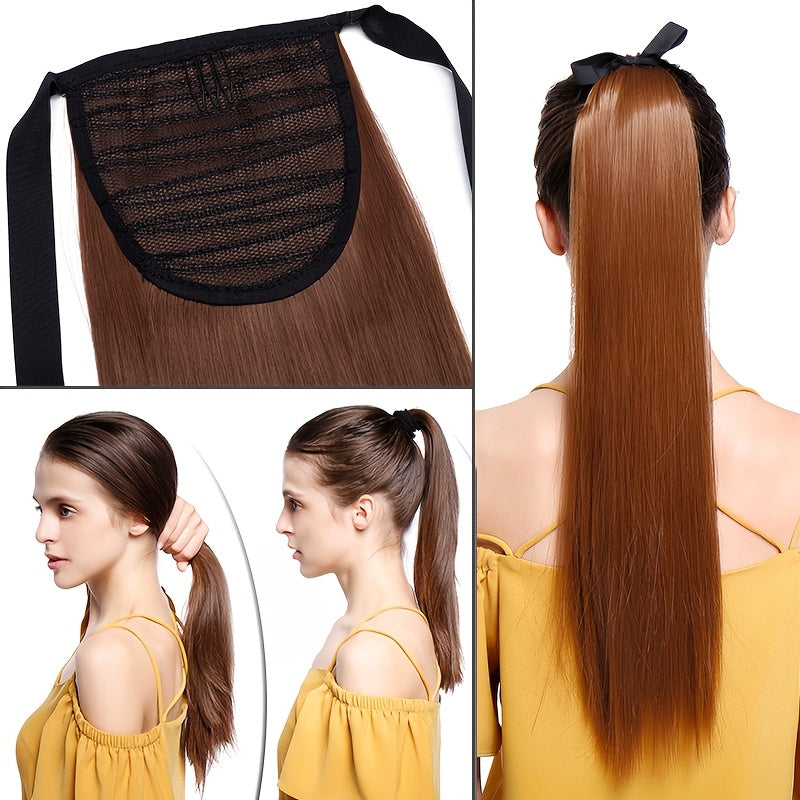 Long Soft Tie Up Ponytail Straight Hair Piece Clip In Hair Extensions 22inch/55cm Wrap Around Binding Pony Tail Hairpiece Drawstring Pony Tails for Women Party Festival Christmas Halloween Daily Use