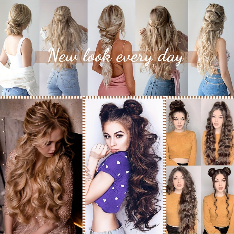 S-NOILITE Invisible Wire Hair Extensions With Transparent Wire Adjustable Size With 4 Secure Clips Synthetic Hair Piece Long Wavy Secret Headband Hairpieces For Women 20 Inch Ombre Brown Highlight