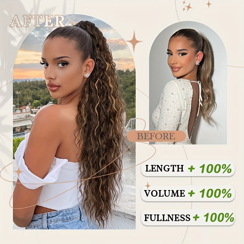 Extra Long Ponytail Extension 81.28 cm Deep Wavy Curly Drawstring Pony Tail Extensions Softer Fluffy Synthetic Clip In Hair Extensions Brown Blonde Highlight Hairpiece For Women Daily Halloween Use Part