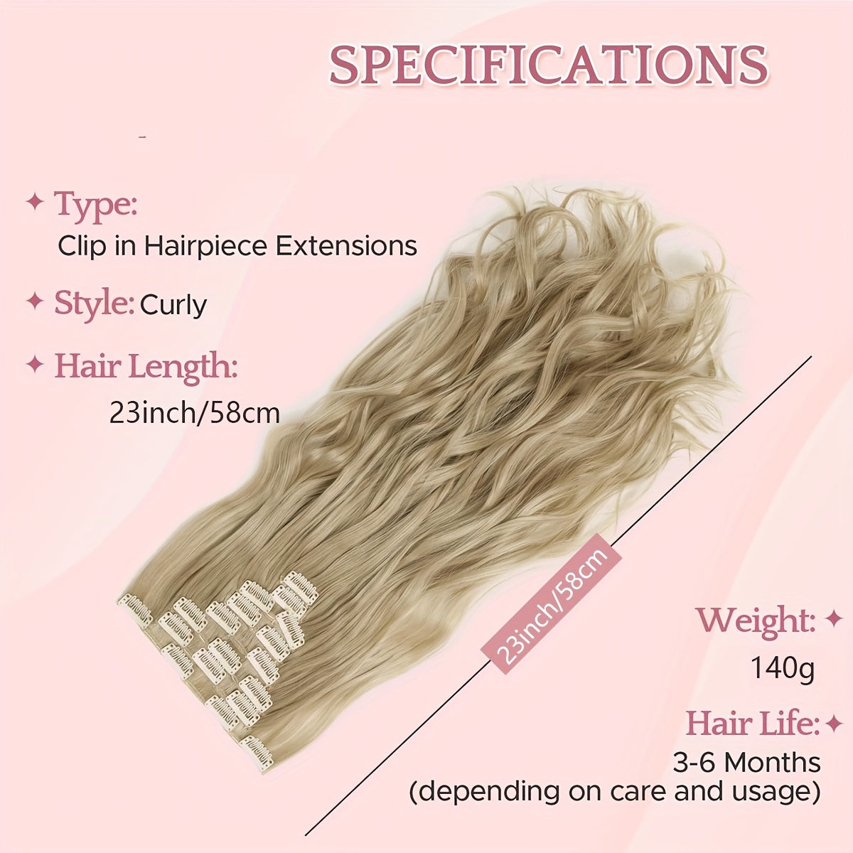 Benehair HAIR Hair Extensions Clip In 8pcs 18 Clips Synthetic Fiber Seamless 58.42cm Long Straight Full Head