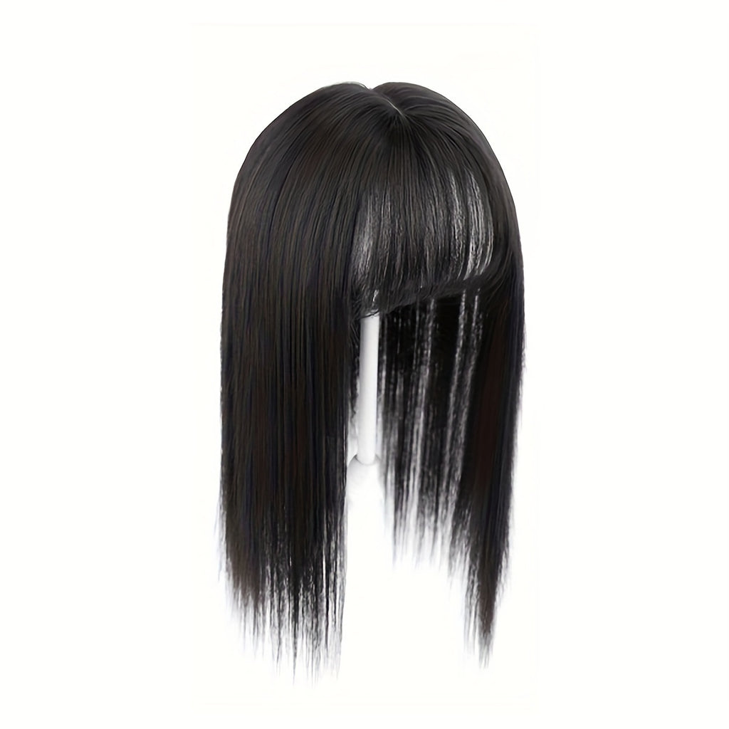 14-Inch Synthetic Hair Topper for Women with Bangs - Clip-In Straight Hairpiece for Thinning Hair, Large Base Wiglet, Black with Highlights, Versatile Style for All Ethnicities, Hair Accessories