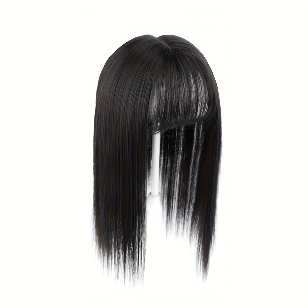 14-Inch Synthetic Hair Topper for Women with Bangs - Clip-In Straight Hairpiece for Thinning Hair, Large Base Wiglet, Black with Highlights, Versatile Style for All Ethnicities, Hair Accessories
