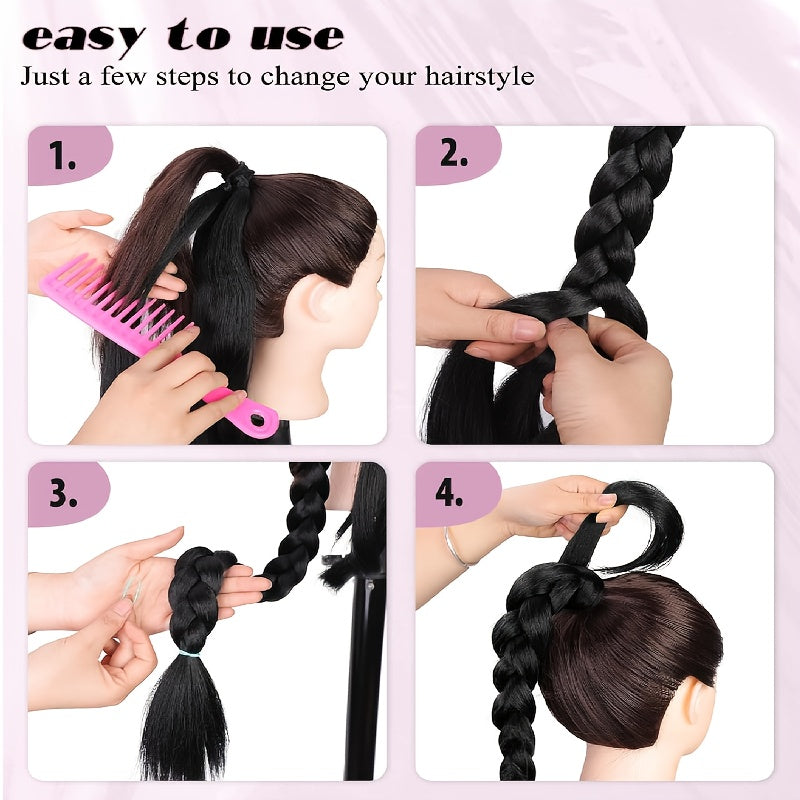 Extend the ends of the braided ponytail hairstyle. Suitable for all four seasons. Long straight hair wrapped ponytail wig. Natural and soft artificial hair strands. Suitable for ladies' daily wear.