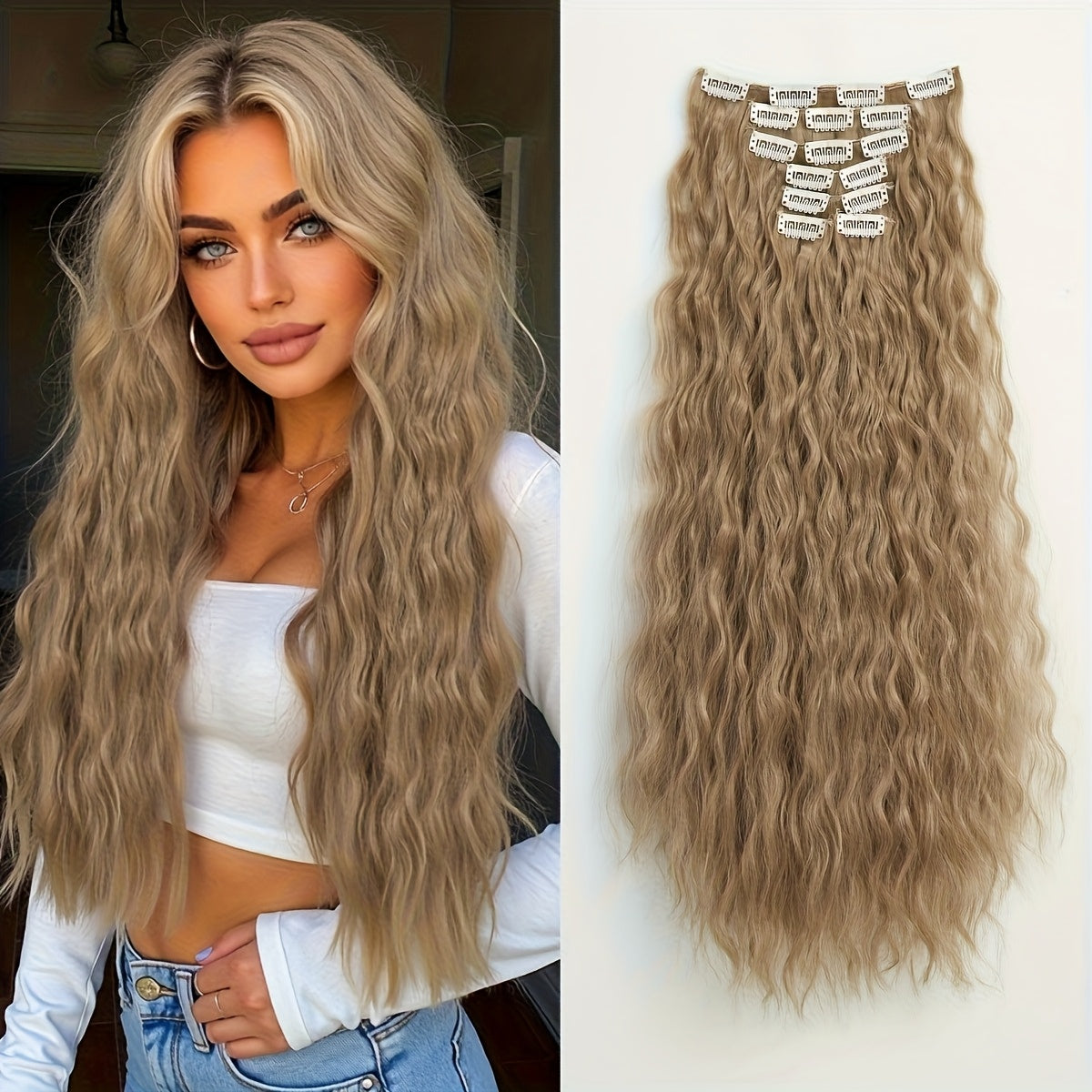 6pcs/set Wavy Long Hair Clip-in Extensions, Synthetic, Basic Style, Women's, Elegant Hair Accessories for Daily Use