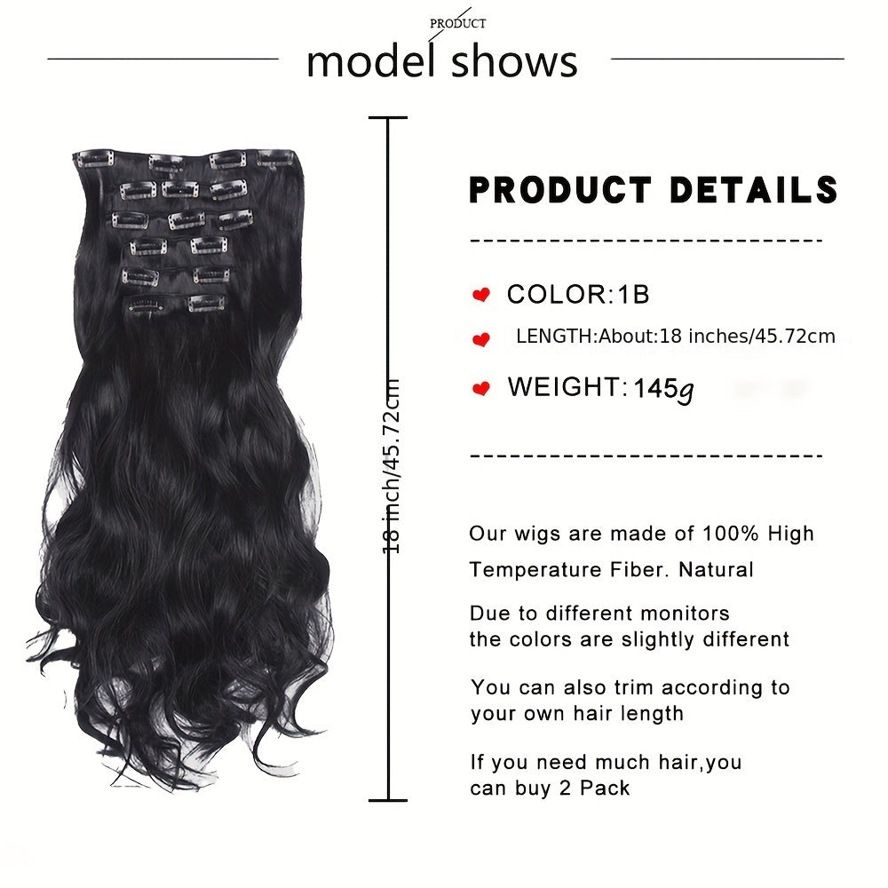 6pcs Multi-Color Clip-In Body Wave Hair Extensions, 18" Double Weft Synthetic Heat Resistant Curly Waves for Women and Girls