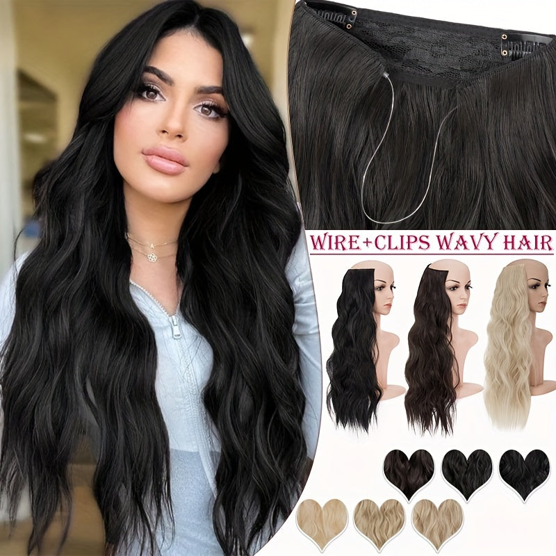 S-NOILITE Invisible Wire Hair Extensions With Transparent Wire Adjustable Size With 4 Secure Clips Synthetic Hair Piece Long Wavy Secret Headband Hairpieces For Women 20 Inch Ombre Brown Highlight