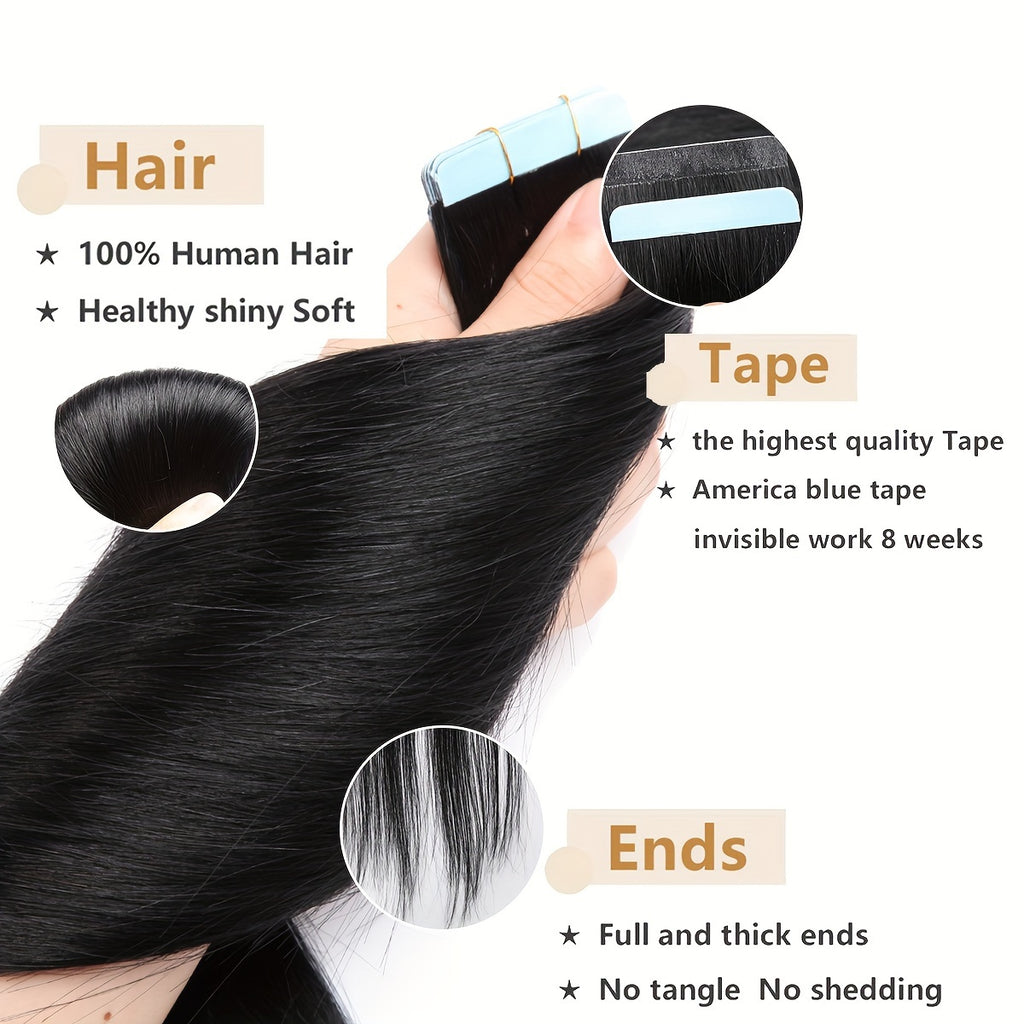 BENEHAIR Tape In Hair Extensions Human Hair 100% Remy Human Hair Extensions Silky Straight For Fashion Women 10 Pcs/Package Dark Brown Black 20G-25G