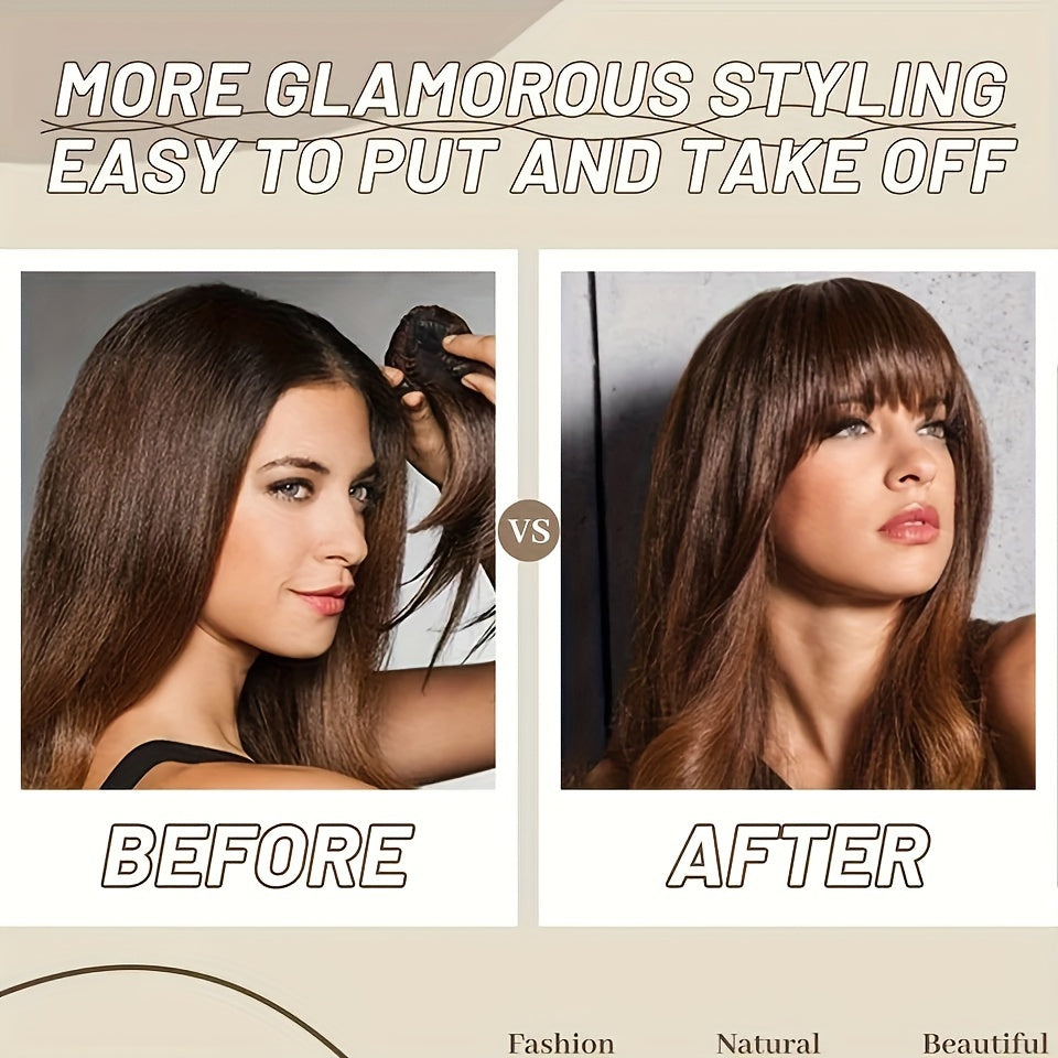 Women's Clip-In Synthetic Hair Bangs Extensions - Straight Hair Fringe with Volume Boost Hairpieces, Easy to Wear for All Occasions, Basics Style in Brown