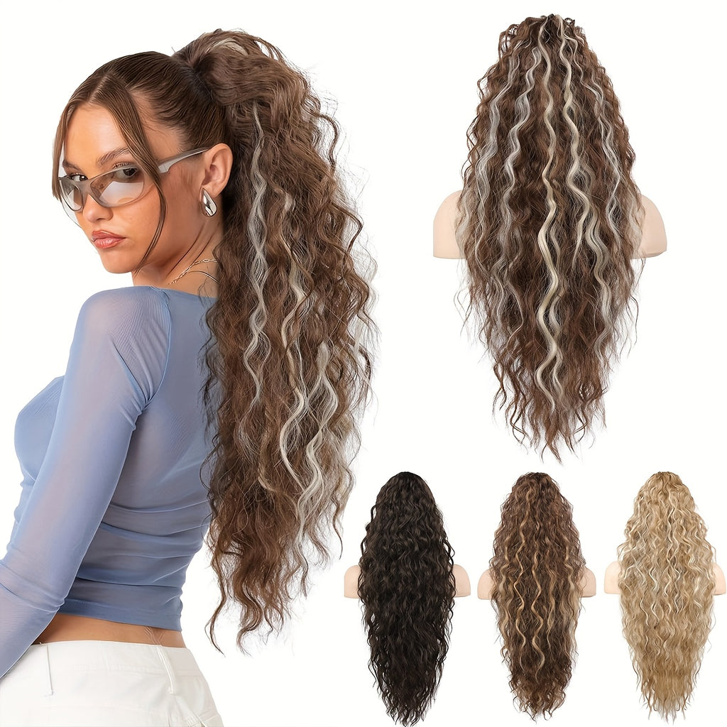 71.12 cm Lightweight Curly Wave Clip-In Hair Extension - Multi-Layered Synthetic Hair for Voluminous Ponytails, Chocolate Brown, Unisex & All Ethnicities, Ponytail Hair Extensions, Versatile Hairpiece, Multilayered Texture, Easy Application Hairpiece