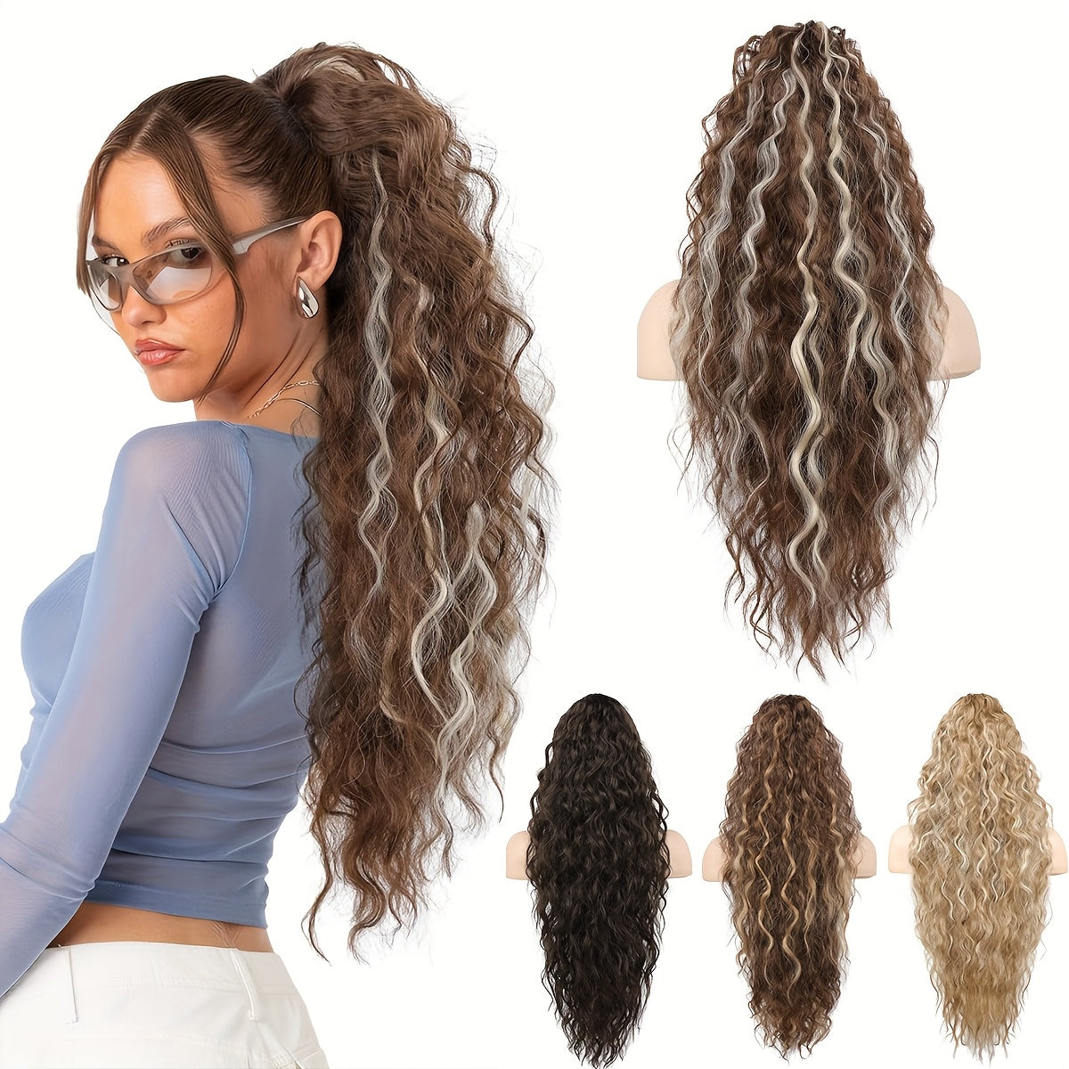 71.12 cm Lightweight Curly Wave Clip-In Hair Extension - Multi-Layered Synthetic Hair for Voluminous Ponytails, Chocolate Brown, Unisex & All Ethnicities, Ponytail Hair Extensions, Versatile Hairpiece, Multilayered Texture, Easy Application Hairpiece