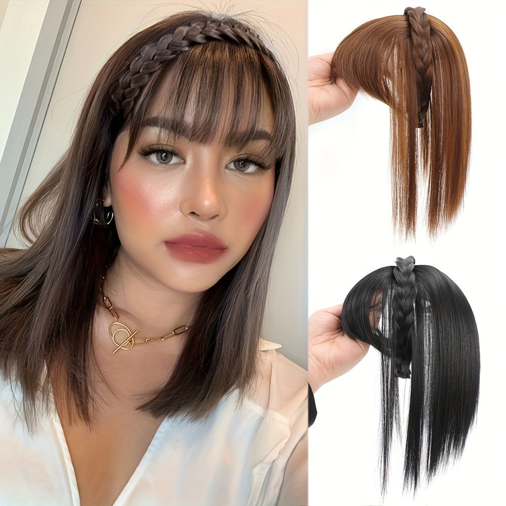 Chic Braided Headband with Clip-In Hair Topper & Bangs - Natural Look Synthetic Straight Hair Extensions for Women, Perfect for Casual Attire, Hair Accessories