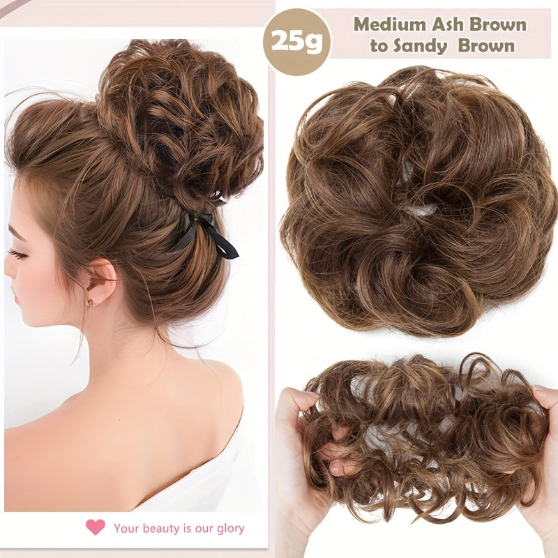 Heat-Resistant Synthetic Fiber Messy Bun Short Curly Ponytail Extension with Elastic Band - Secure Clip-In Hairpiece for Women with Thinning Hair, Natural Volume & Warm Brown/Blonde/Black/Red/Beige/Champagne Blonde Options, Hair Accessories