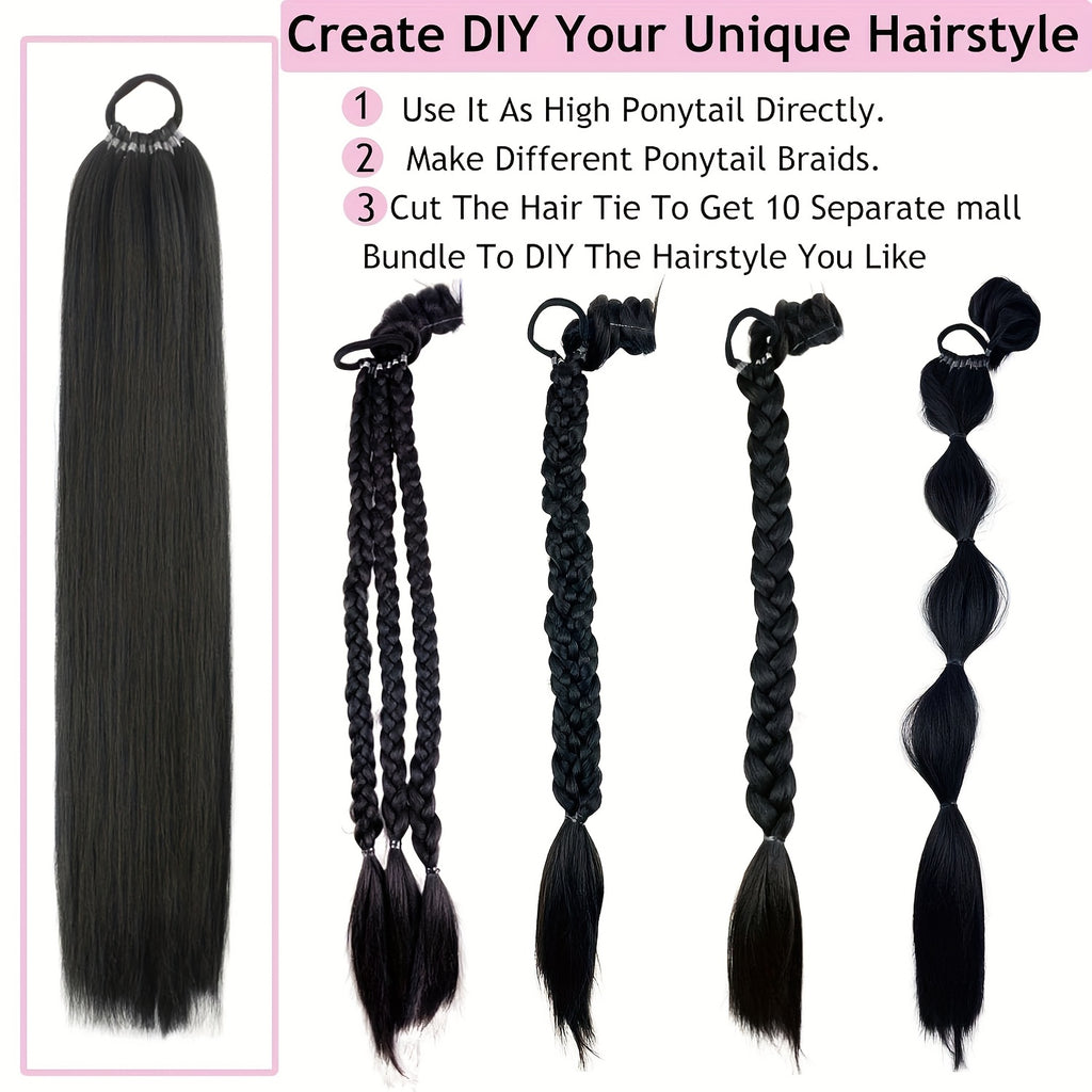 24-Inch Yaki Straight Braiding Hair Ponytail Extension - Wrap Around Long Straight Ponytail with Versatile Elastic Bands for Women, High-Temperature Fiber, Basic Style, Hair Extension for Women