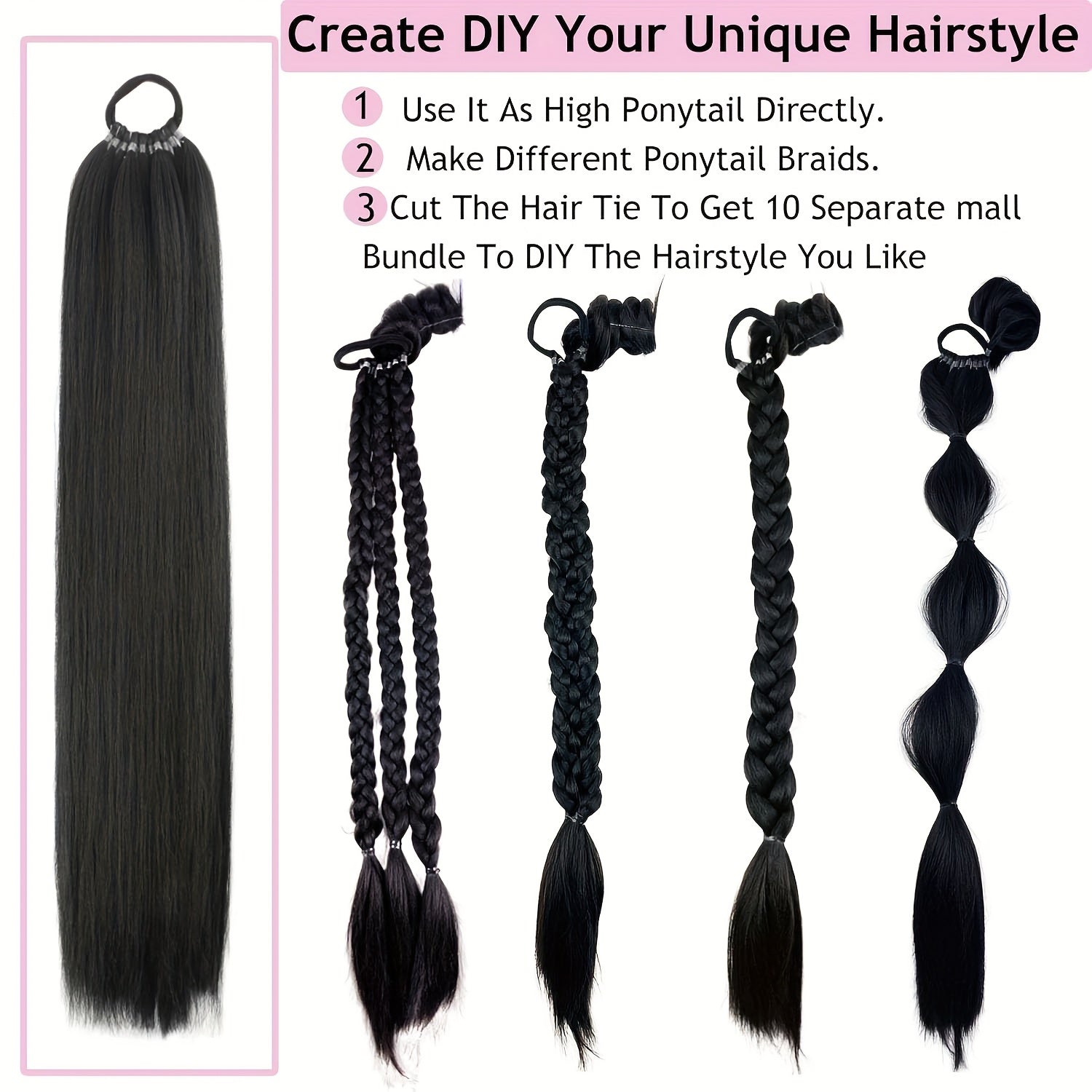 24-Inch Yaki Straight Braiding Hair Ponytail Extension - Wrap Around Long Straight Ponytail with Versatile Elastic Bands for Women, High-Temperature Fiber, Basic Style, Hair Extension for Women