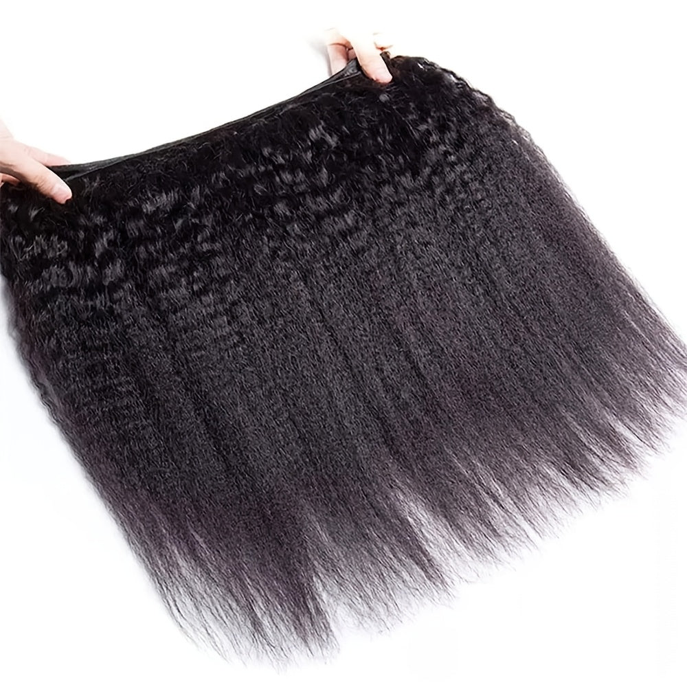 3 Bundles Yaki Straight Human Hair Extensions - 100% Unprocessed Brazilian Virgin Remy Hair, Kinky Straight Texture, Natural Black Color for, Styling Versatility, Naturallooking Hairline, Silky Smooth Texture