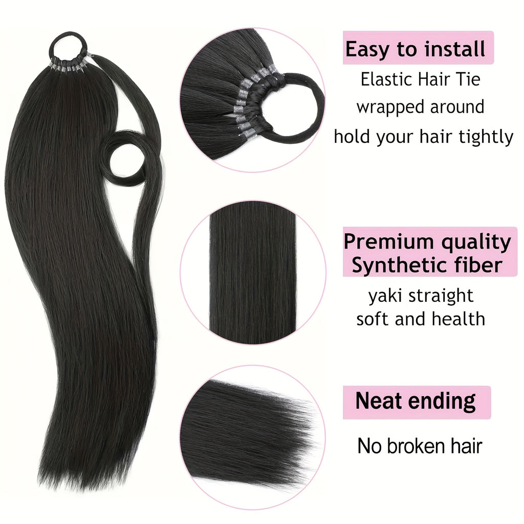 24-Inch Yaki Straight Braiding Hair Ponytail Extension - Wrap Around Long Straight Ponytail with Versatile Elastic Bands for Women, High-Temperature Fiber, Basic Style, Hair Extension for Women