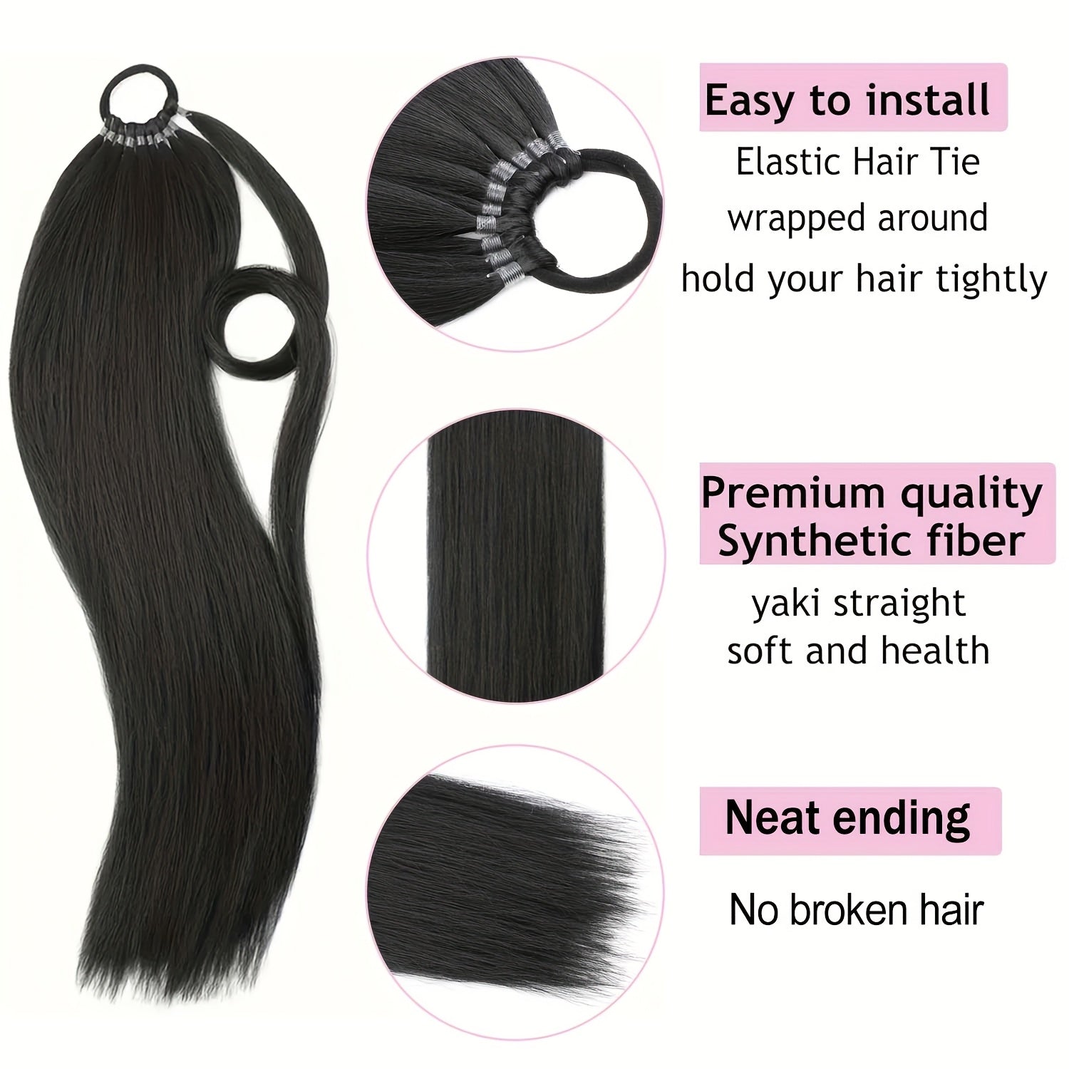 24-Inch Yaki Straight Braiding Hair Ponytail Extension - Wrap Around Long Straight Ponytail with Versatile Elastic Bands for Women, High-Temperature Fiber, Basic Style, Hair Extension for Women