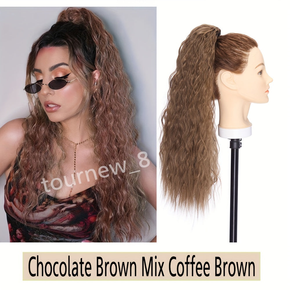 18inch/45cm Long Kinky Corn Wave Ponytail Hair Extension Synthetic Drawstring Afro Curly Wavy Pony Tail Wrap Around Pony Tails Clip In Hairpieces Layered Hairpiece Black Brown Blonde Highlight For Women Daily Party Halloween Christmas Use