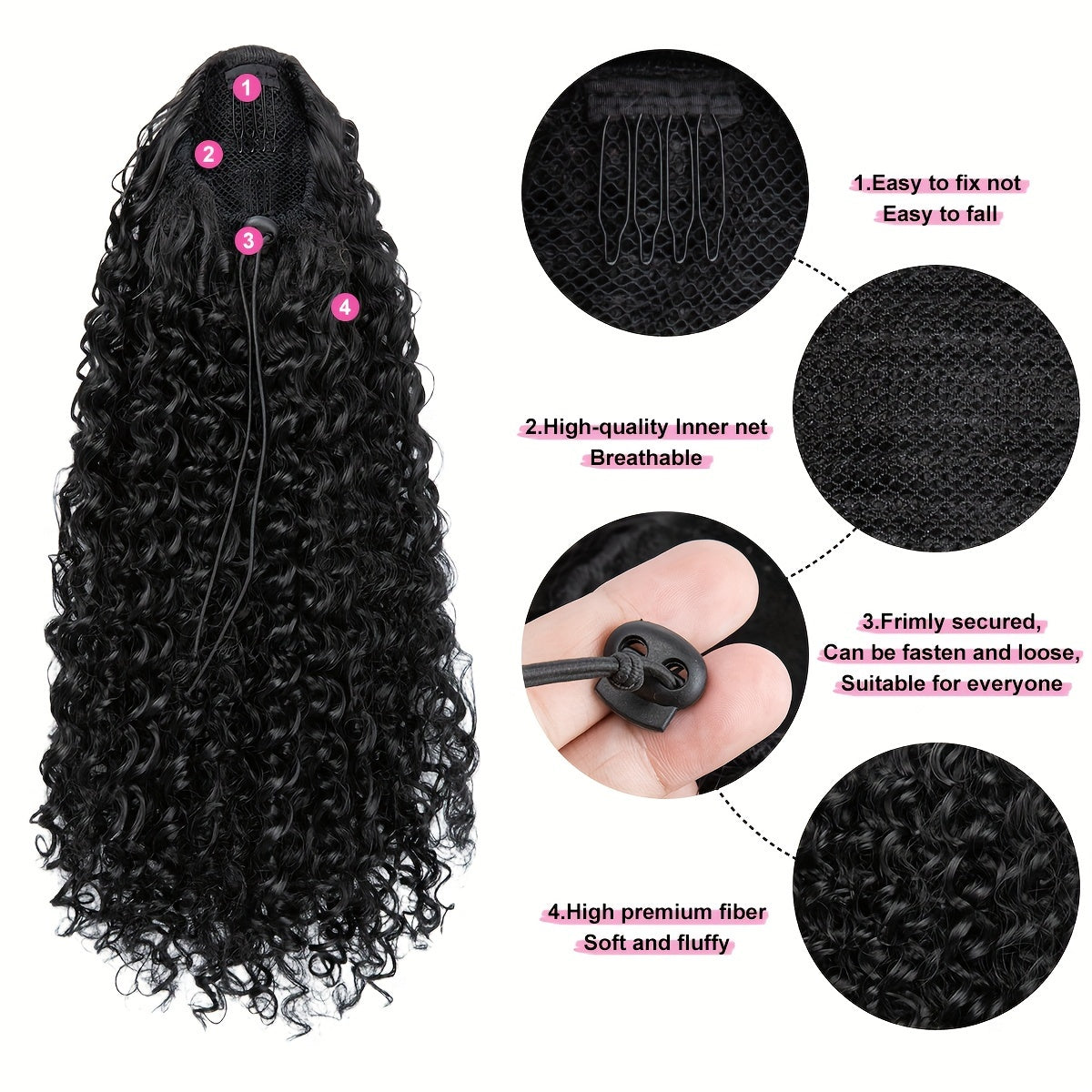Kinky Curly Drawstring Ponytail Extension For Women 16 Inch Synthetic Clip In Wavy Pony Tail
