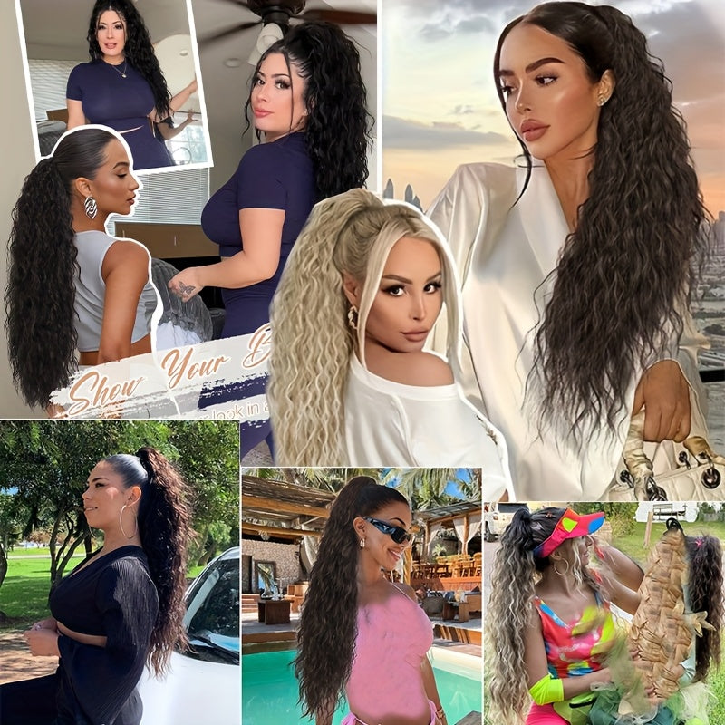 Extra Long Ponytail Extension 81.28 cm Deep Wavy Curly Drawstring Pony Tail Extensions Softer Fluffy Synthetic Clip In Hair Extensions Brown Blonde Highlight Hairpiece For Women Daily Halloween Use Part