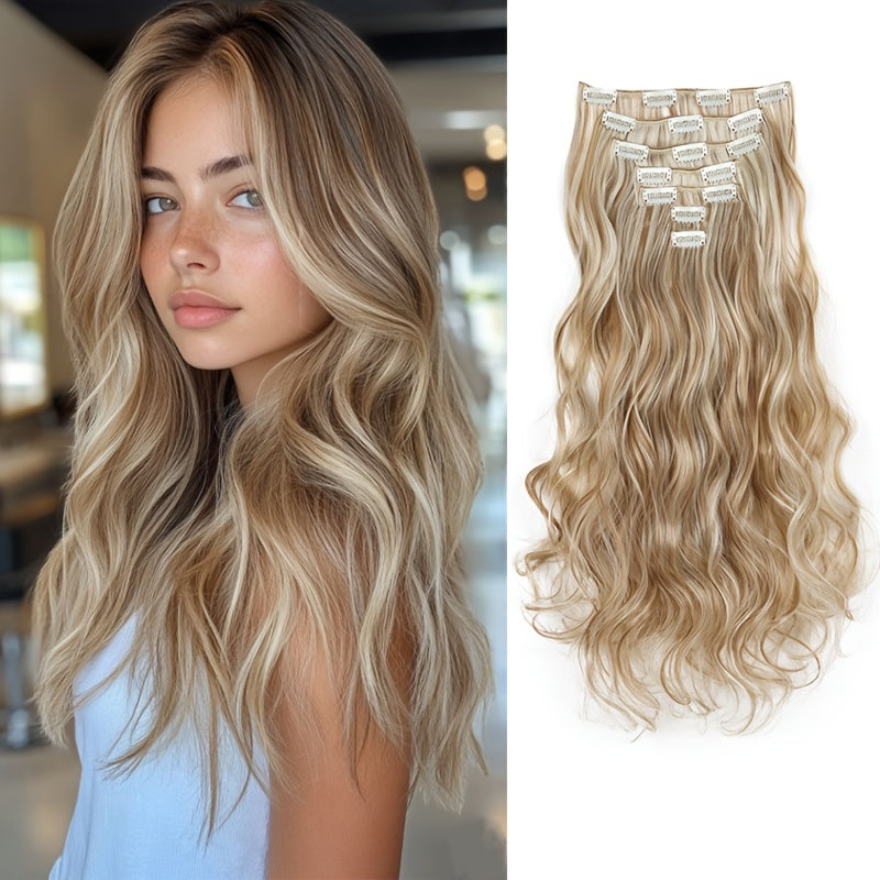 Elegant Mixed Color Clip-In Hair Extension for Women - 16 Clips, Long Wavy Curly Synthetic Hairpiece for Volume Boost & Styling