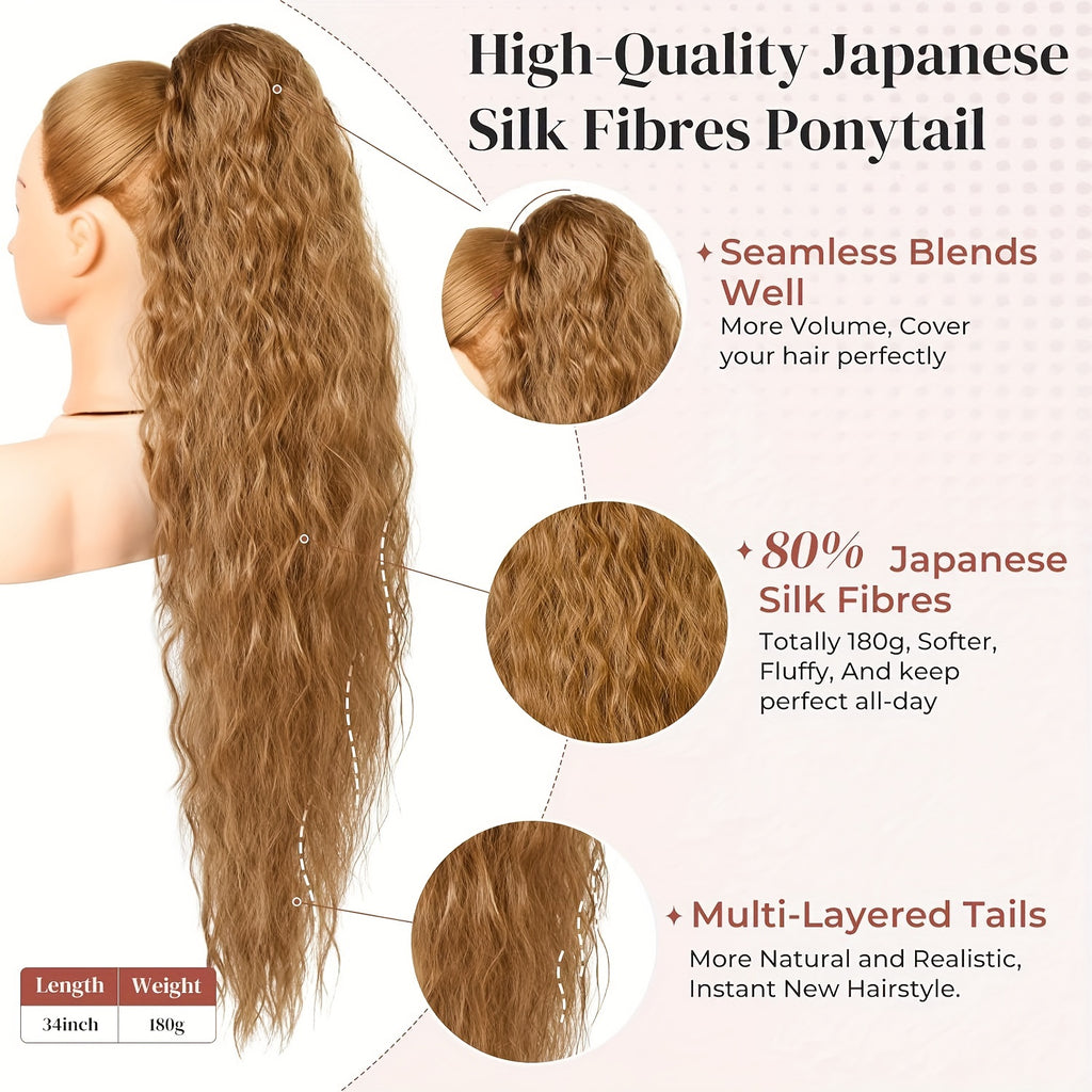 Ponytail Extension, 34" Long Wavy Drawstring Ponytail Extensions, Softer Lighter Synthetic Clip In Hair Extensions Hairpiece For Women Halloween Christmas