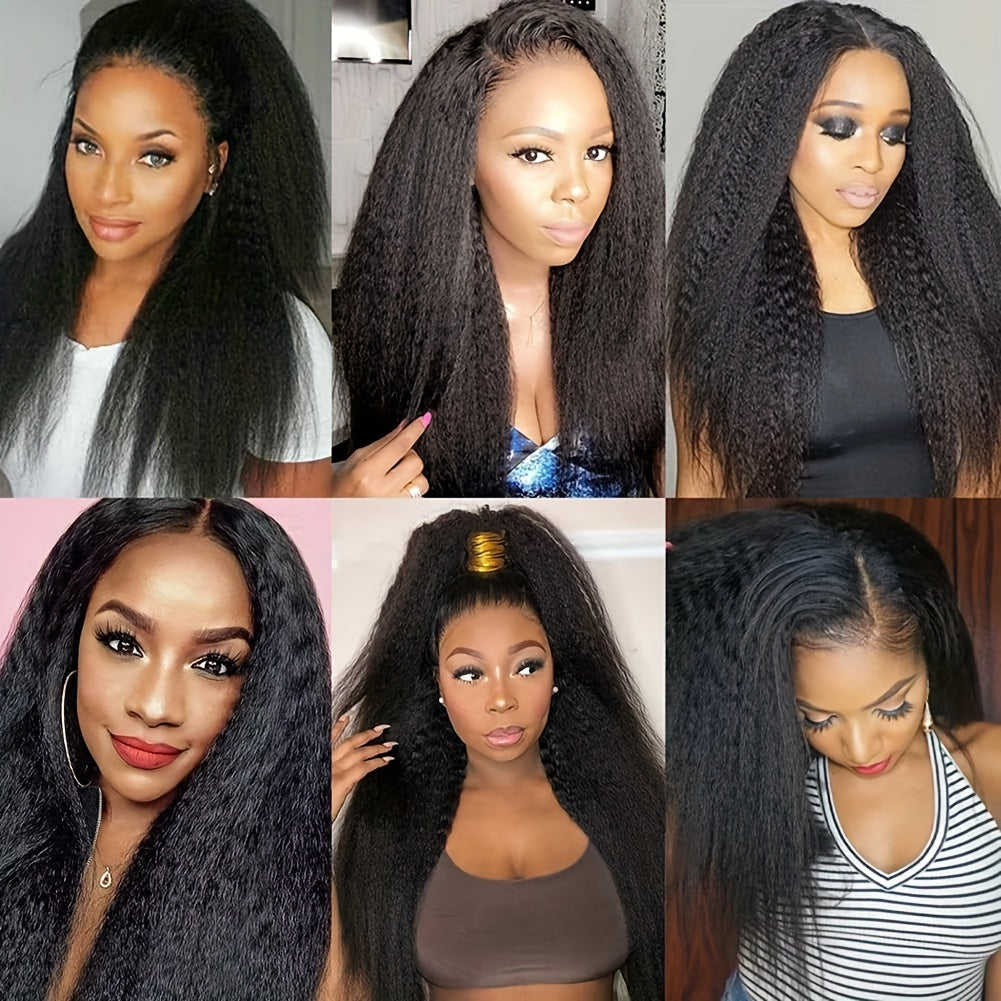 3 Bundles Yaki Straight Human Hair Extensions - 100% Unprocessed Brazilian Virgin Remy Hair, Kinky Straight Texture, Natural Black Color for, Styling Versatility, Naturallooking Hairline, Silky Smooth Texture