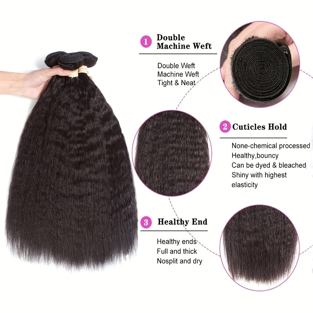 3 Bundles Yaki Straight Human Hair Extensions - 100% Unprocessed Brazilian Virgin Remy Hair, Kinky Straight Texture, Natural Black Color for, Styling Versatility, Naturallooking Hairline, Silky Smooth Texture