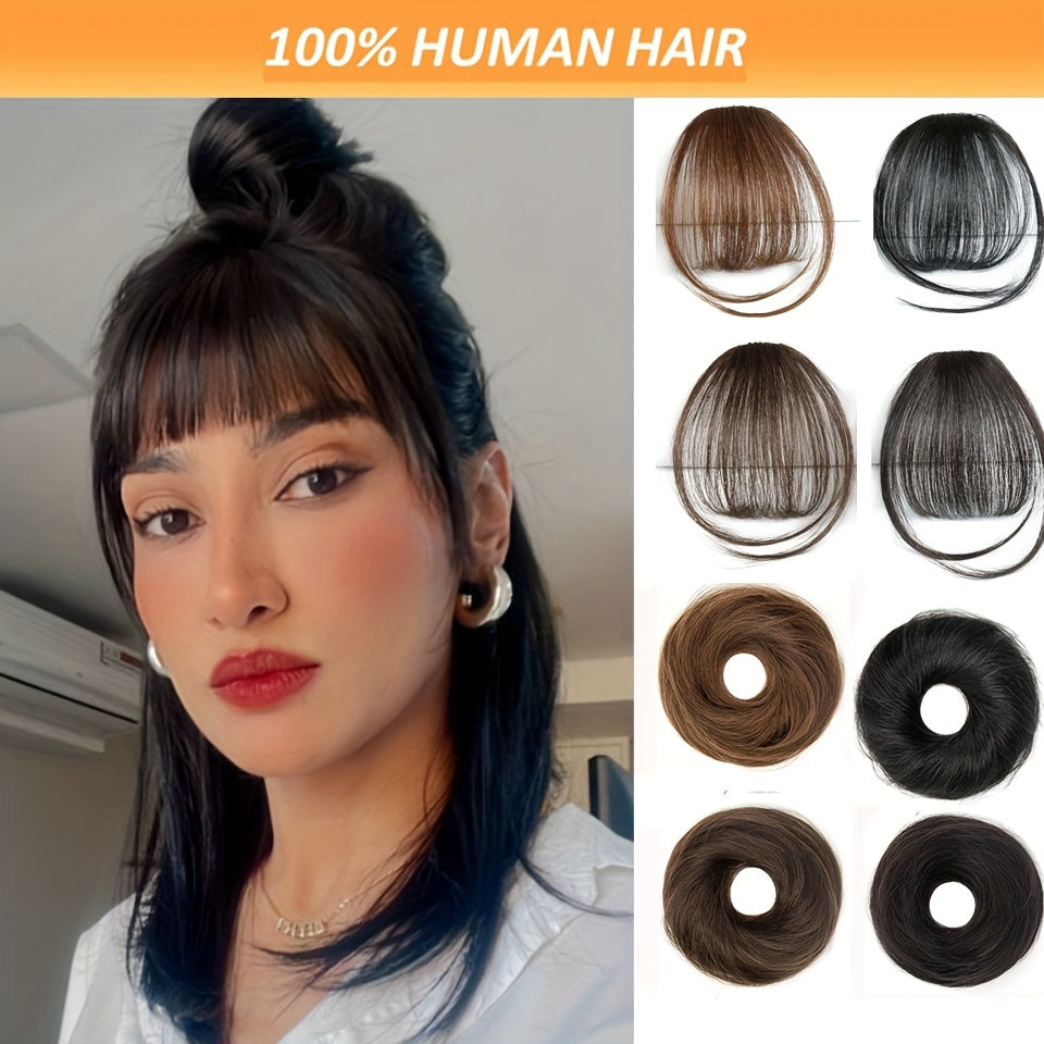Fringe Air Bangs 1 with Sideburns+1 Messy Hair Bun, Hair Clip In Hair Extensions- All- Handmade Textile Process Heat Resistant Hairpieces for Women/ Girls, Upgrade Your Look Instantly