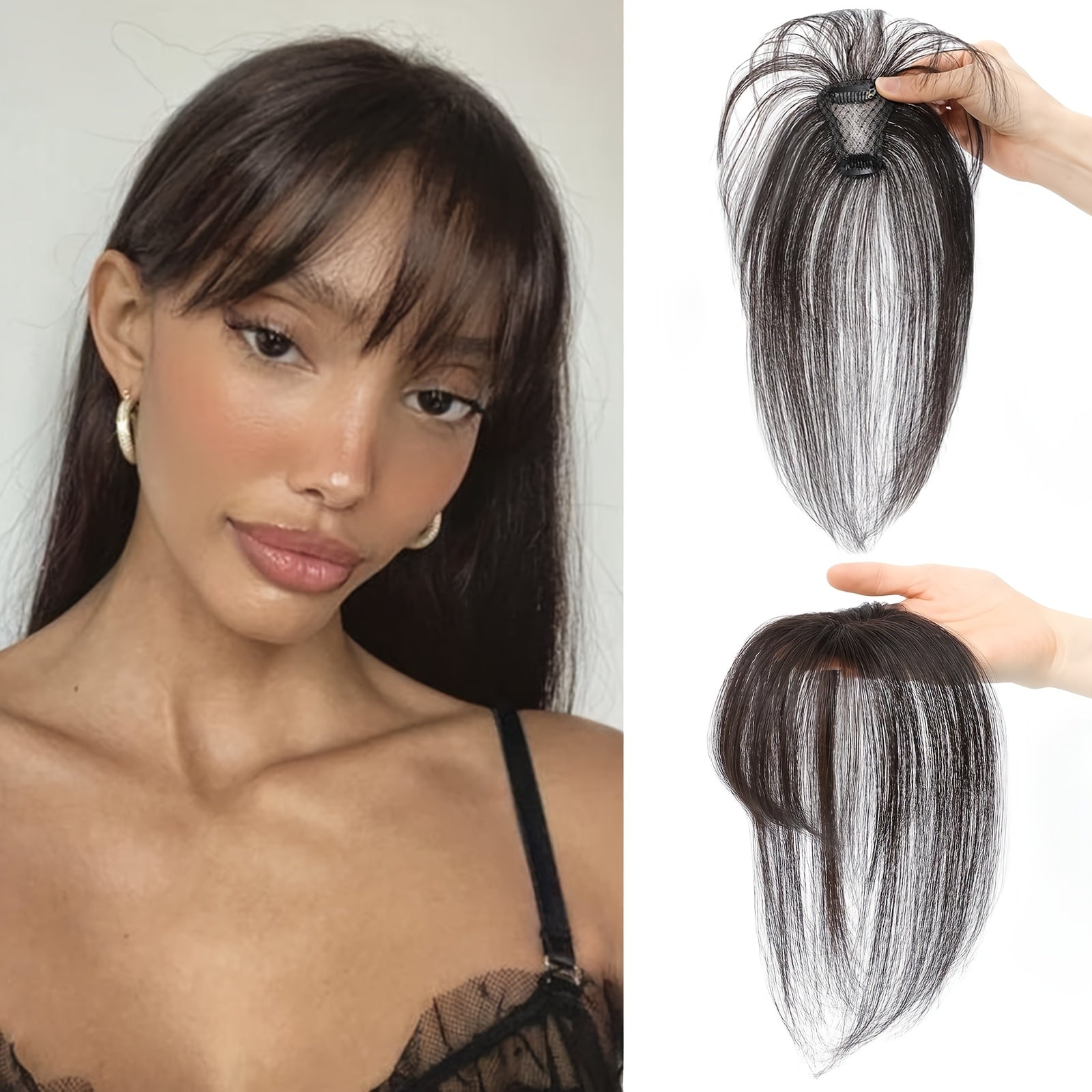 BIGTRSE 360° 3D Bangs Hair Clip - 100% Real Human Hair Topper with Straight Bangs & Side Swept Bangs, Natural Look for Women, Easy Clip-On for Daily Wear, Versatile Hairpiece, Sleek Hairpiece, Secure Hairpiece