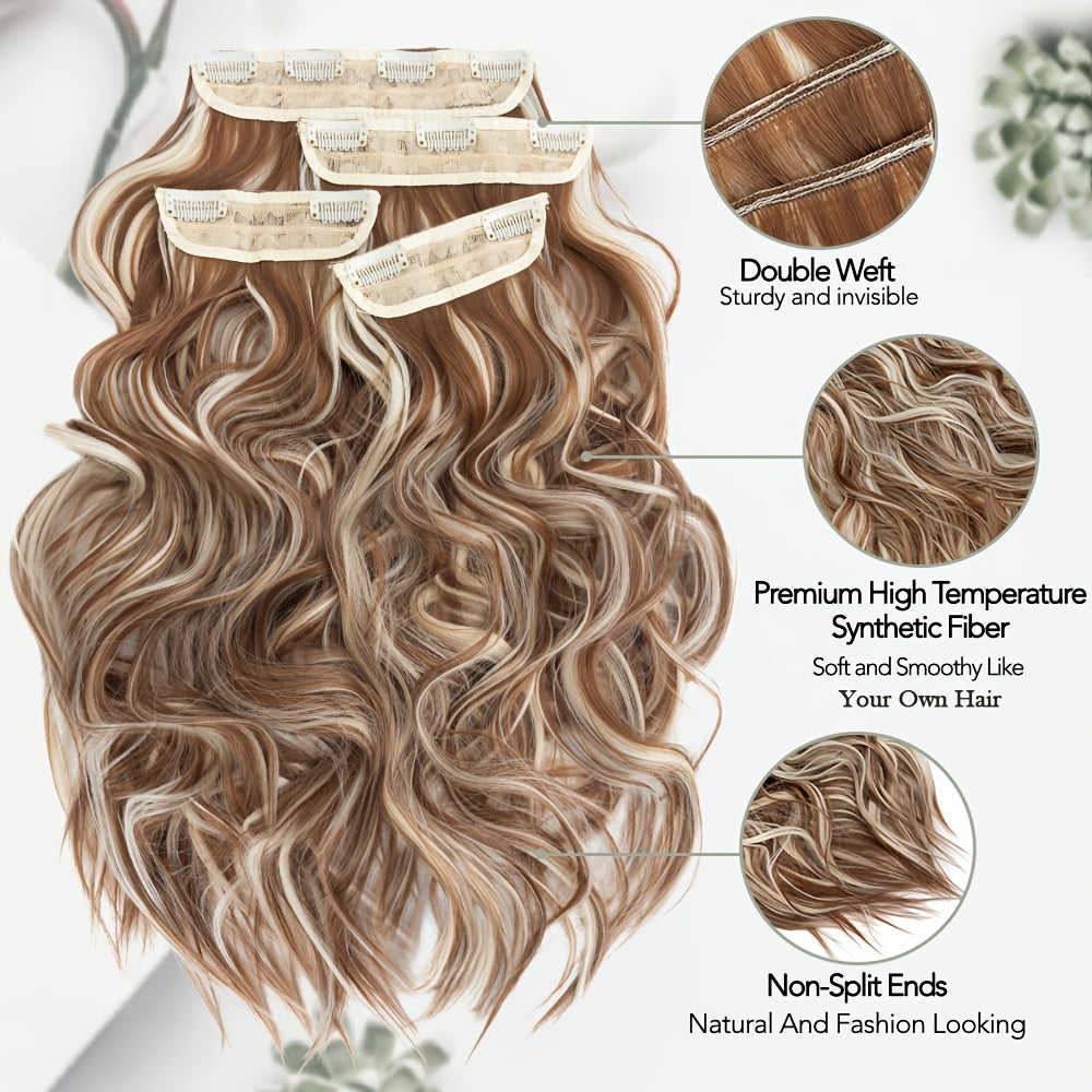 60.96 cm Clip In Hair Extensions 4pcs Long Curly Wavy Thick Highlighted Clip In Hairpieces Synthetic Hair Extension For Women Daily Halloween Use, Dark Ash Blonde Mixed Bleach Blonde, Black Balayage
