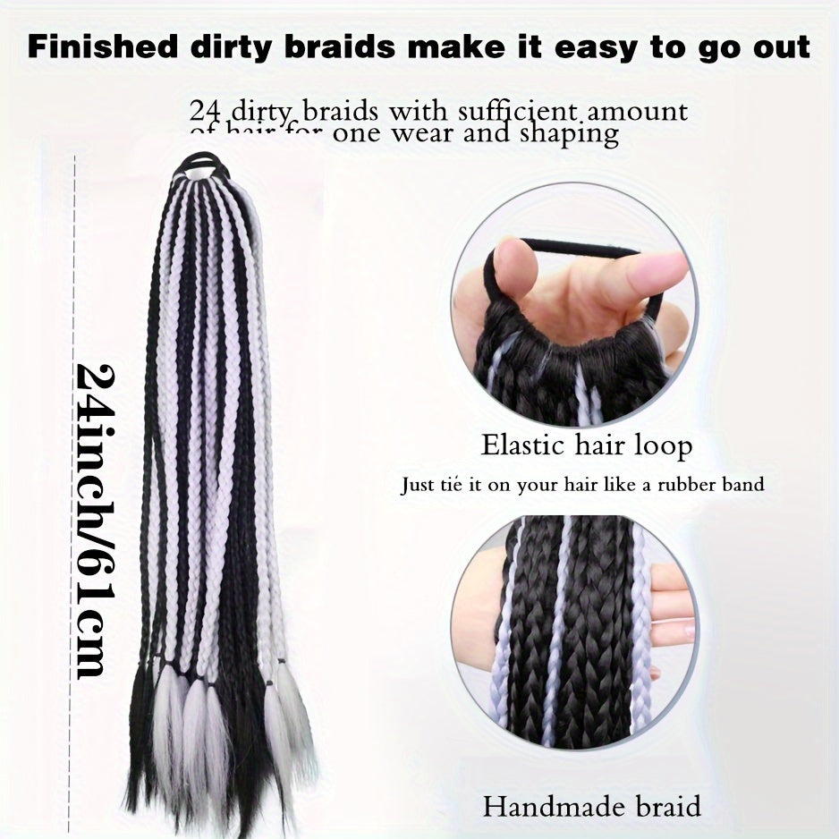 Y2K-Inspired Colorful Braided Hair Extensions with Elastic Bands - 24" Synthetic Ponytail for Women, Perfect for Street Dance & Music Festivals