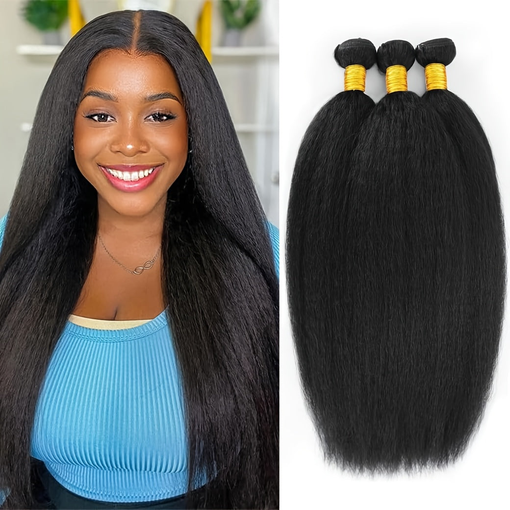 Yaki Straight Human Hair Bundles Kinky Straight Bundles Human Hair 16 18 20 Inch 3 Bundles 12A 100% Unprocessed Brazilian Kinkystraight Bundles Human Hair Natural Black